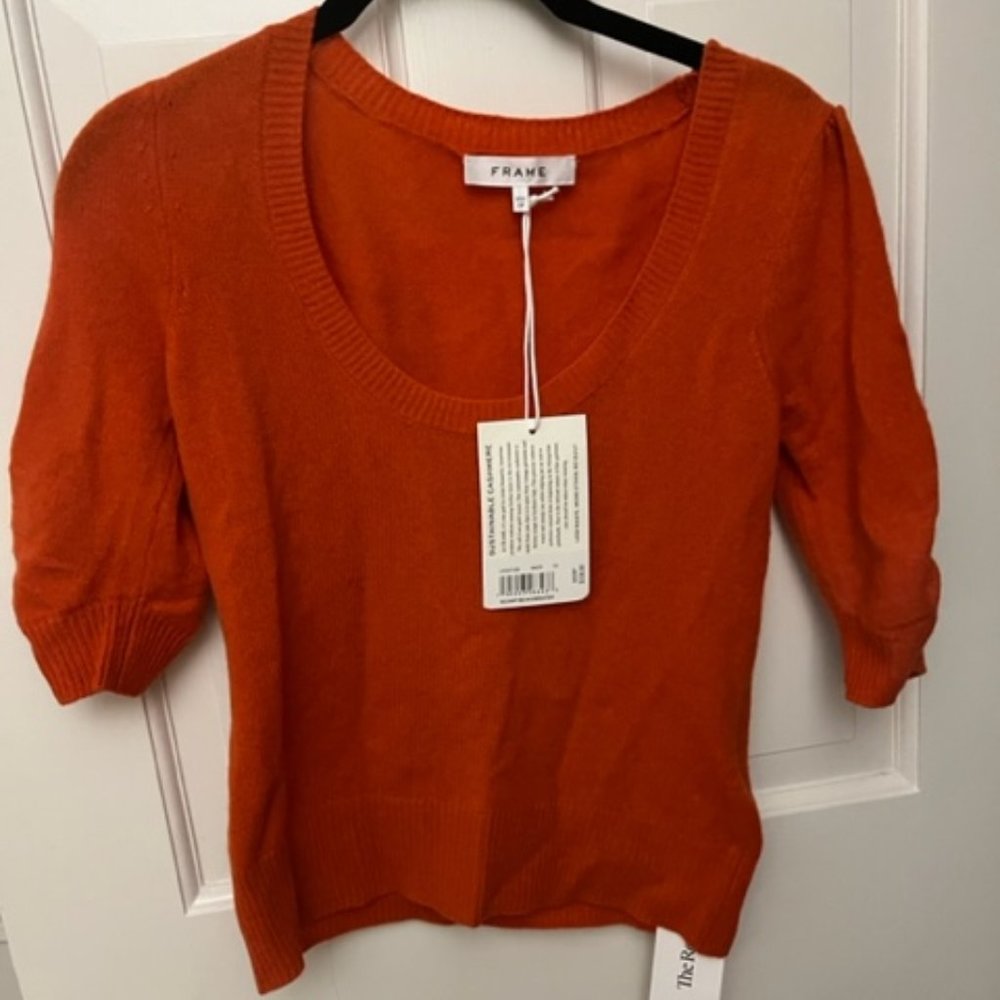 FRAME Cashmere Cropped Sweater Orange Three-Quarter - Womens XS